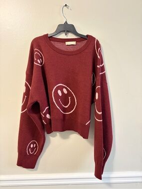 Altar'd State Burgundy Crewneck Sweater with Pink Smiley Motifs